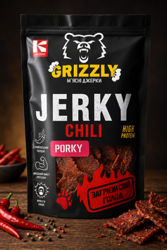 М'ясні джерки "JERKY PORKY CHILI" свинина чилі (0,800) ТМ GRIZZLY(Грізлі)( газ.уп) фото